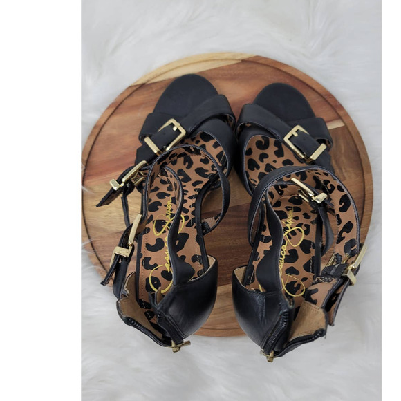 Jessica Simpson Eugenia Black Leather Gold Buckle Open Toe Heels Sandals 8B - Picture 5 of 7